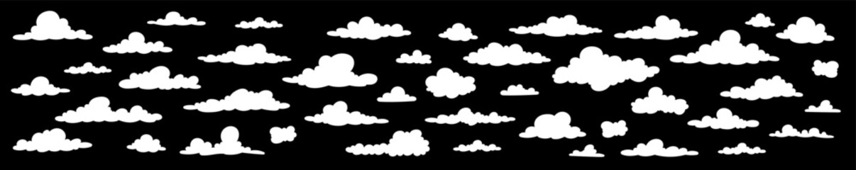A set of white clouds on a black background. Vector illustration silhouette of clouds