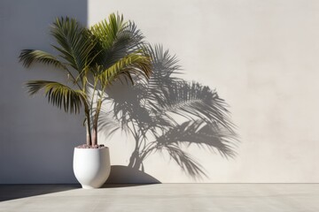Obraz premium A design representing a minimalistic product placement set against a concrete wall, with a palm tree shadow. It exudes a luxurious summer ambiance within the interior of an architectural structure