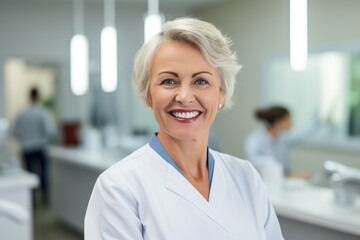 Fototapeta premium Photography of a pleased, woman in his 60s that is wearing a dentist's professional uniform against a dental clinic background. Generative AI