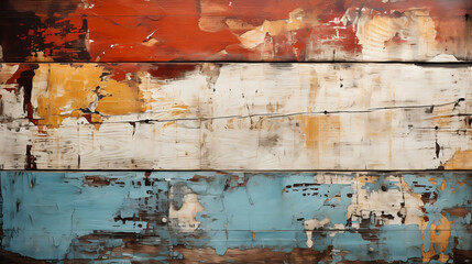 wood texture. Texture of vintage wood boards with cracked paint of white, red, yellow and blue color. Horizontal retro background with wooden planks of different colors