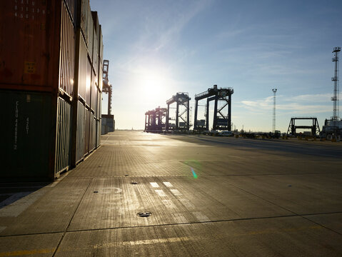 Cargo containers and cranes at Port of Felixstowe, England