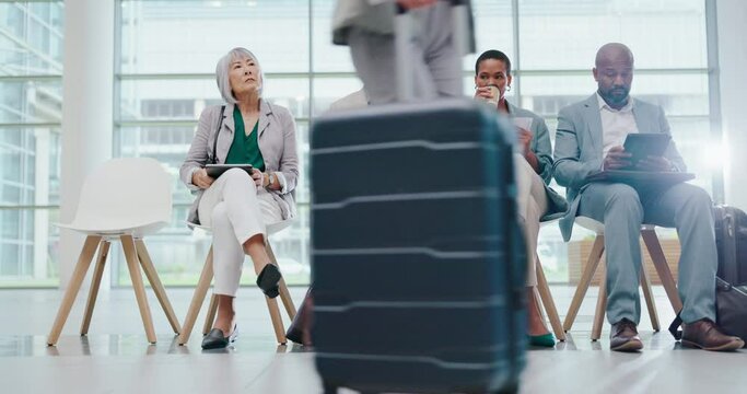 Airport waiting room, business people and woman leaving for schedule booking, plane flight and travel in lobby. Airplane, luggage suitcase and professional person get up for transportation departure