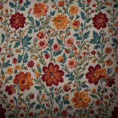 Fotobehang Symmetrical Slavic Embroidery on High-Quality Linen © Chromatica