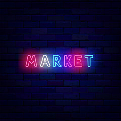 Market neon signboard. Colorful handwritten text. Shiny logotype. Night shop. Store banner. Vector stock illustration