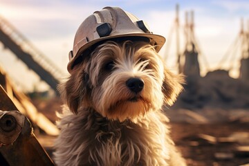 a dog wearing a hard hat, in the style of industrial landscapes