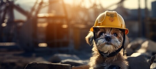dog wearing hard hat on construction site, metalworking mastery, cute and dreamy, innovating techniques
