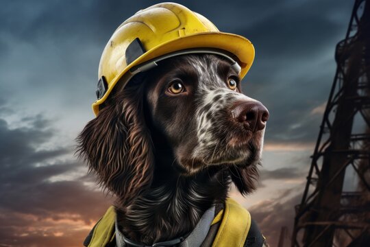 a portrait of a dog wearing a yellow helmet hard hat and looking at an oilrig