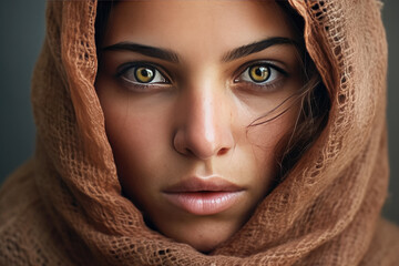 Fototapeta premium A beautiful, serious-faced Arab woman with mesmerizing eyes. Her face radiates grace and elegance, capturing attention with its captivating charm. Generative Ai, Ai.