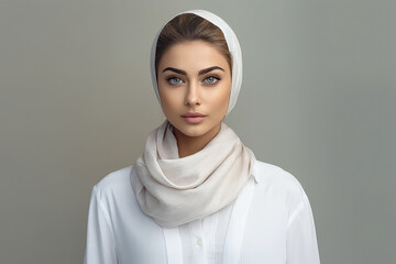 A beautiful Arab woman with delicate features wearing a white shirt. Generative AI, AI.