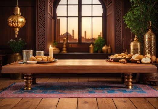 Empty wooden table with Eid in background