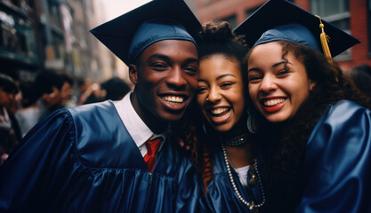 group of happy international students in mortar boards and bachelor gowns outdoors.education, graduation and people concept .