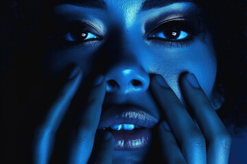 Bathed in ethereal blue light, an Afro-American woman gently rests her hands against her face, embracing a moment of introspection and serenity. Generative Ai, Ai.