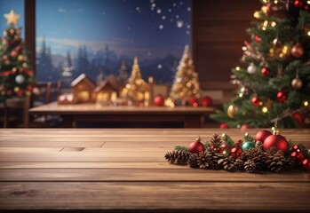 Fototapeta na wymiar Empty wooden table with Christmas Eve gift theme in background