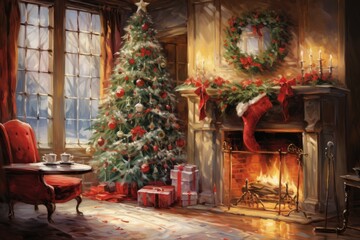 Fototapeta na wymiar watercolor christmas tree and fireplace presents in a dreamy scene
