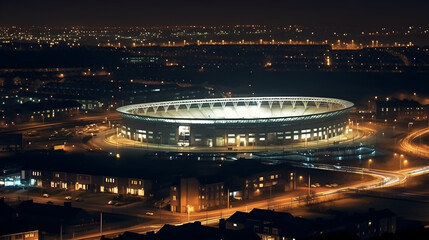 view of football stadium building at night ,soccer stadium at night ,generative ai