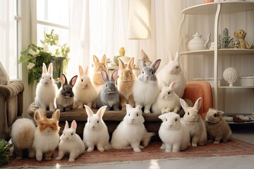 A collection of adorable Easter bunny rabbits residing on the floor of the living room. Lovely and delightful domesticated animals.