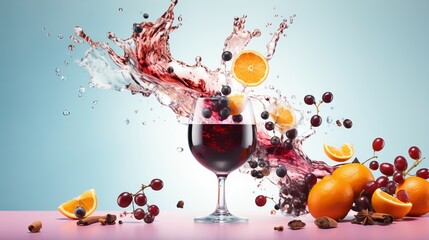 Advertisement studio banner with christmas mulled wine drink and ingredients flying in the air with water splashes on pastel gradient background. Food ingredient levitation.