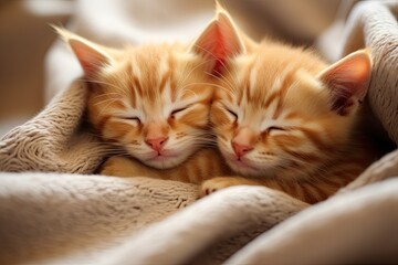At home, there are two adorable four month old ginger kittens peacefully sleeping on a cozy blanket on the sofa.