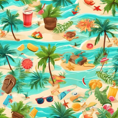 Fototapeta na wymiar Summer sunset beach with palms and background illustration
