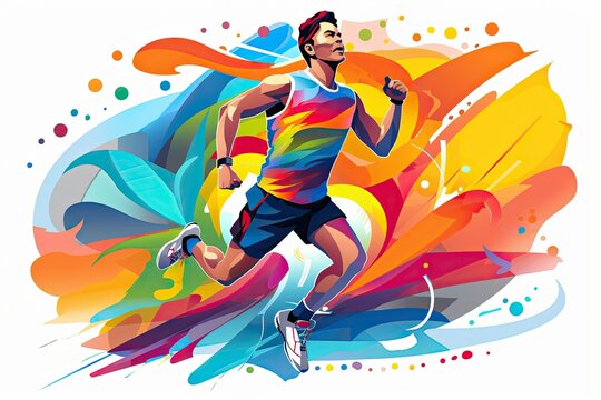 Illustration of a male athlete runner on a bright multicolored paint splash background.