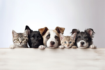 Cute puppies and kittens peek behind a wooden banner with empty space for text or product placement. The concept of an advertising poster for a pet store or veterinary clinic. - obrazy, fototapety, plakaty