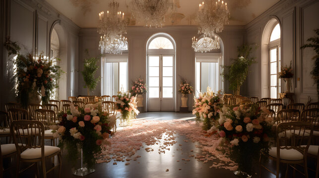 wedding room interior with white dominant decoration ,wedding event hall ,generative ai