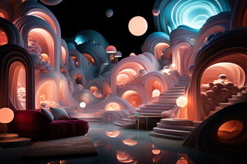 A purple sofa with pillows in an unorthodox, futuristic interior 
