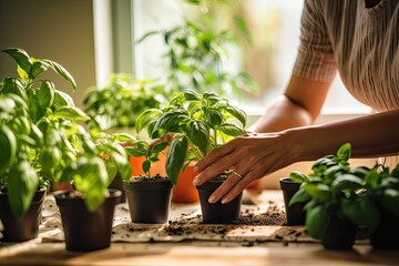 A womans hand is shown carefully selecting basil leaves from a bunch of plants, which are being grown at home in the kitchen. The pots in the kitchen contain various herbs including basil, parsley - Powered by Adobe
