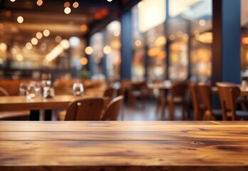 Empty wood table top on abstract blurred restaurant background