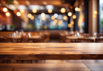 Fototapeta na wymiar Empty wood table top on abstract blurred restaurant background