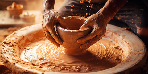 a pottery wheel in motion, hands of the potter skillfully shaping the clay, splattered clay all around, warm, rustic tones, earthy and organic ambiance, nostalgic and crafty feel, side soft light - obrazy, fototapety, plakaty