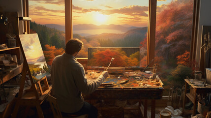 An oil painting setup, bristle brushes dipped in vibrant paints, traditional wooden palette held by a painter, on an easel sits a half - finished impressionist landscape painting, golden light from a  - obrazy, fototapety, plakaty