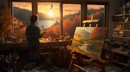 An oil painting setup, bristle brushes dipped in vibrant paints, traditional wooden palette held by a painter, on an easel sits a half - finished impressionist landscape painting, golden light from a  - obrazy, fototapety, plakaty