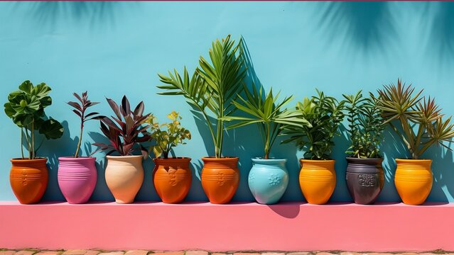 Various Flowering Cactus And Succulent Plants In Bright Colorful Flower Pots In A Row Against White Wall. House Plants On White Shelf Panoramic Web Banner.