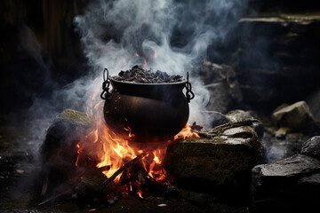 a rustic cast - iron pot over a crackling open fire in a wilderness setting, sparks flying, smoke curling, dramatic chiaroscuro lighting