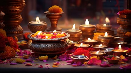 Fototapeta premium Diwali celebration background with candles and flower petals, generated by AI