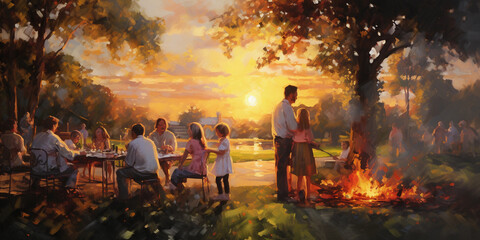 a family enjoying an outdoor cookout at sunset, shadows stretching, golden light, bold brush strokes, colors blending