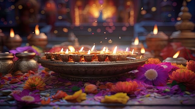 Diwali celebration background with candles and flower petals, generated by AI
