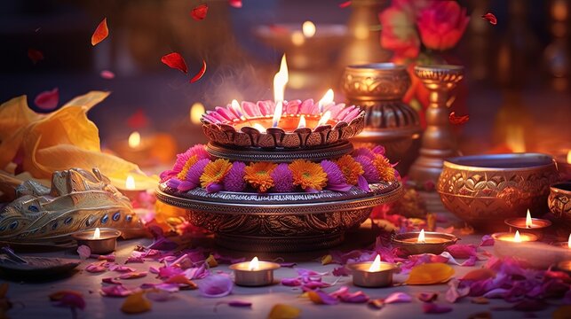 Diwali celebration background with candles and flower petals, generated by AI