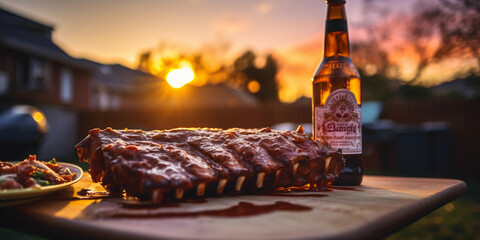 a Southern style barbeque cookout, slow - cooked ribs on a smoker, bottles of homebrewed beer, warm sunset light
