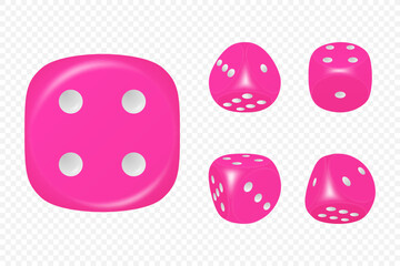 Vector 3d Realistic Pink Game Dice with White Dots Set in Different Positions Isolated. Gambling Games Design, Casino, Poker, Tabletop, Board Games. Realistic Cubes, Random Numbers, Rounded Edges