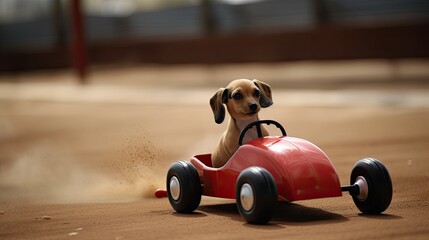 a puppy dog driving a pedal car on a racetrack - created using generative AI tools - obrazy, fototapety, plakaty