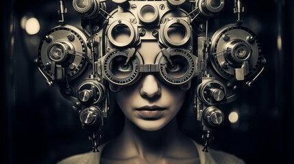 woman looking through optometry equipment, concept health