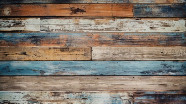 Texture of vintage wooden boards, cracked paint in shades of white, red, yellow, and blue, replicating the weathered charm of aged wood, high quality, copy space 16:9
