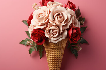 Waffle cone with a red rose flower, placed on a pink background. Presented as a flat-laid floral background with a top view, conveying a summer concept. Generative Ai.