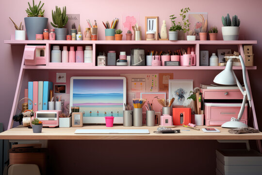 Creative representation of office and school equipment painted in pastel pink color, featuring a collection of graffiti pencils leaning on a wall. Generative Ai.