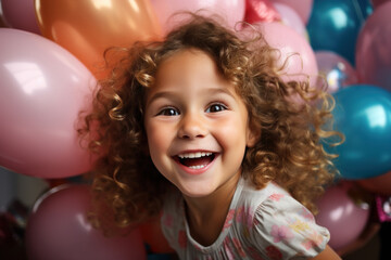 Fototapeta na wymiar jeune enfant de 5-6 ans exprimant sa joie et sa surprise par un large sourire lors de ce grand moment de bonheur