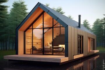a tiny modern minimalist house made of wood and steel created using generative AI tools