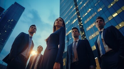 A team of businessmen and women with confidence on skyscraper background. Teamwork, project, and success. Generative AI