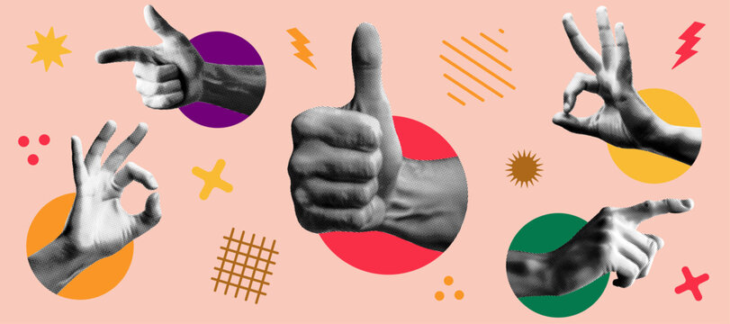hand gesturing concept template design with abstract vector memphis geometric shapes set retro halftone collage element for banner poster billboard covers